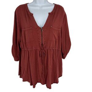 TORRID Women's 3/4 Roll Tab Sleeve Rust Brown Elastic Waist V Neck Blouse Sz 2X